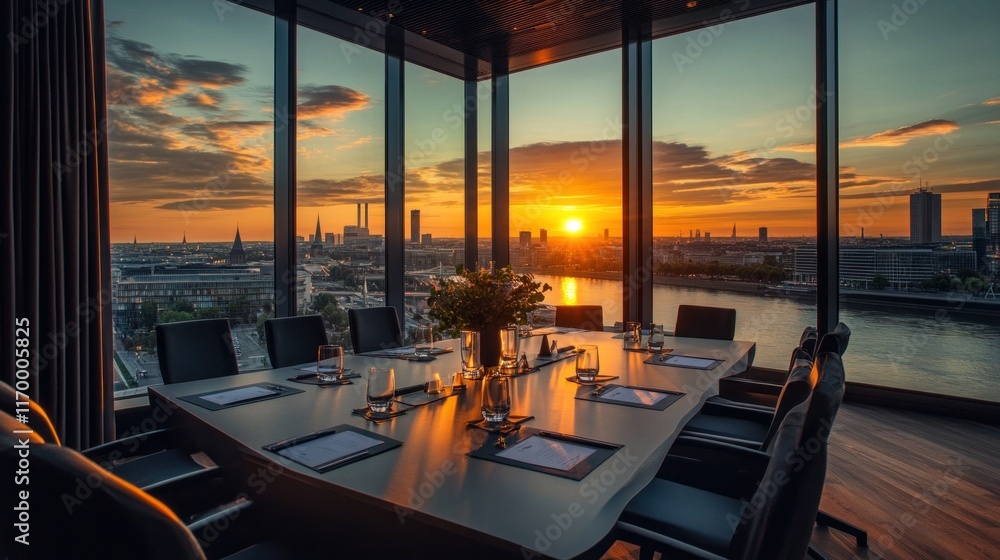 Fototapeta premium A modern meeting room overlooking a stunning cityscape at sunset, warm tones from the light reflecting off the decor, inspiring focus and collaboration