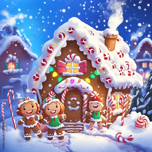 A 2D cartoon of a gingerbread house surrounded by candy canes, snow, and colorful lights, with a smiling gingerbread family in front.