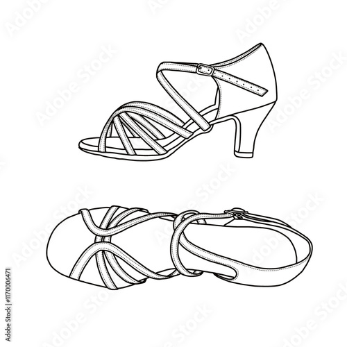 Women's ballroom dance shoes, latin salsa dancing shoes. Technical sketch hand drawing outline vector doodle illustration, side and top view isolated on white background 