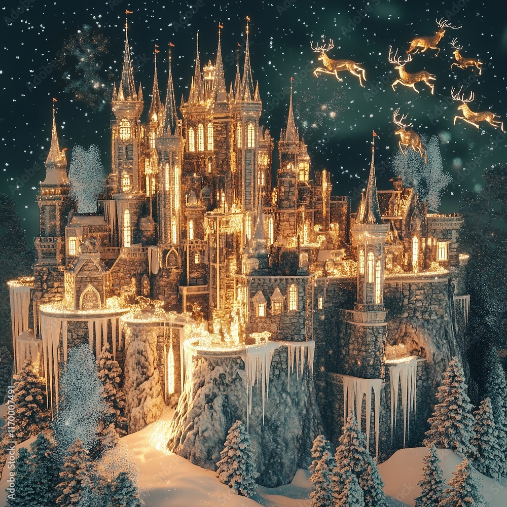 Fototapeta premium A 3D rendering of a magical Christmas castle with sparkling icicles, glowing windows, and flying reindeer circling above.