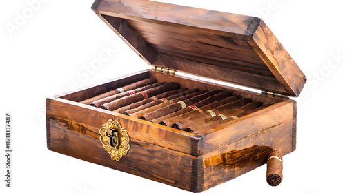 Open Wooden Humidor Filled with Cigars on transparent background.PNG