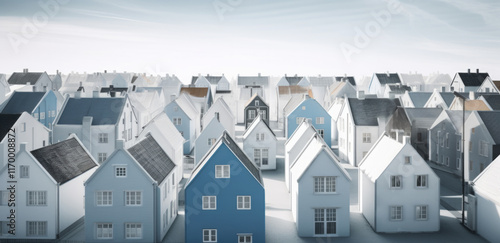 	
A small model of houses in blue and white colors. Real estate market growth	
