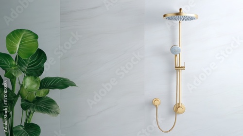 Modern bathroom design with gold shower fixture and green plant decor photo