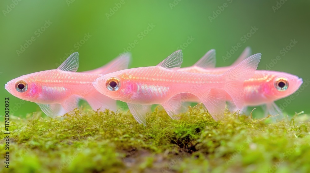 Obraz premium Trio of neon pink fish in vibrant green aquatic habitat