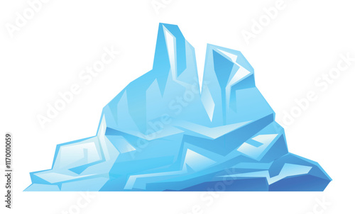 Iceberg with jagged edges and smooth reflective surfaces, drifting glacier. South and North Pole. Vector cartoon illustration