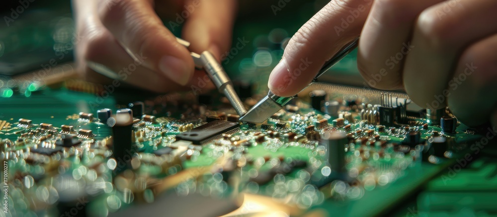 Close-up of a Hand Holding a Tool Over a Circuit Board Close-up of a Hand Holding a Tool Over a Circuit Board