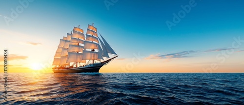 A majestic sailing ship navigating the ocean at sunset, embodying adventure and exploration. photo