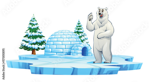Polar bear waving near an igloo and snow covered pine trees on an icy platform. Vector cartoon illustration