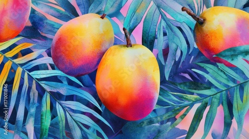 Watercolor art of vibrant ripe mango surrounded by lush tropical leaves on a soft pastel gradient background highly detailed with textured brushstrokes botanical aesthetic perfect composition photo