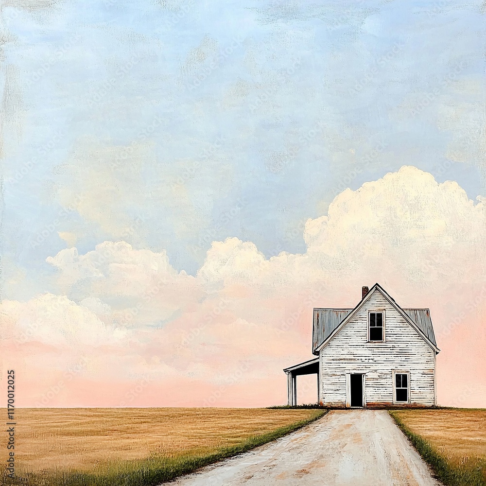 A charming farmhouse on the right side of the image, complemented by a soft pastel background that enhances rustic beauty A charming farmhouse on the right side of the image, complemented by a soft pastel background that enhances rustic beauty