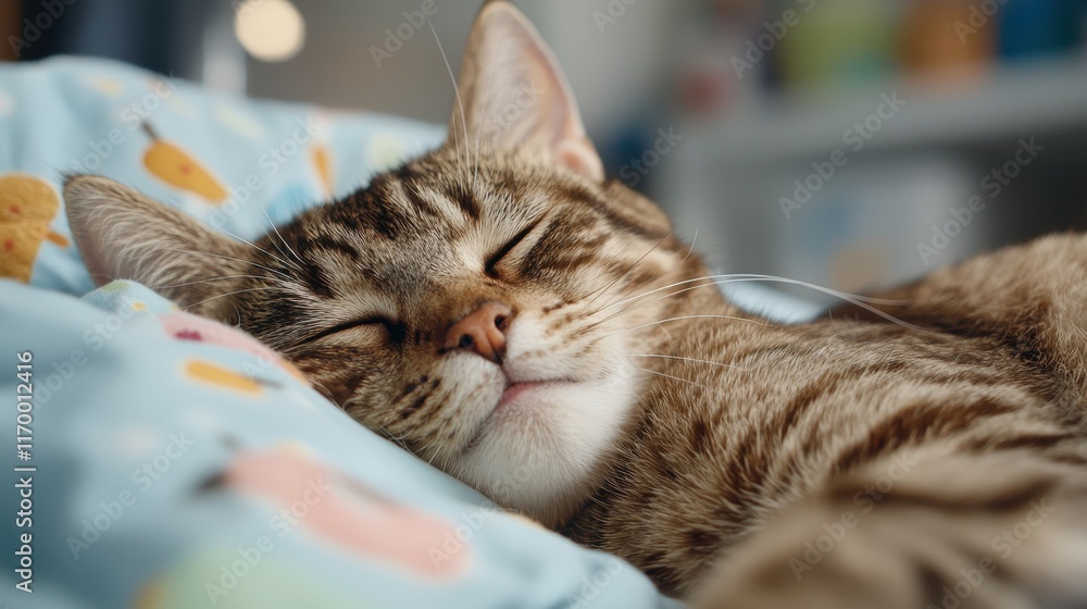A sleeping tabby cat rests peacefully on a colorful blanket, embodying comfort and tranquility in a cozy setting. A sleeping tabby cat rests peacefully on a colorful blanket, embodying comfort and tranquility in a cozy setting.