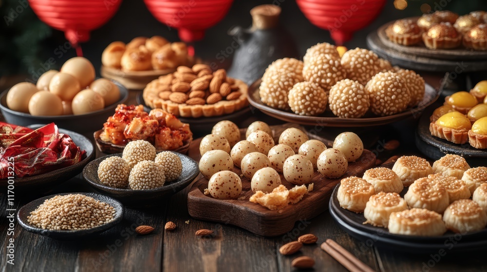 Celebrating Chinese New Year A Festive Table of Desserts Home Kitchen Dessert Display Cozy Atmosphere Festive Sesame Balls Celebrating Chinese New Year A Festive Table of Desserts Home Kitchen Dessert Display Cozy Atmosphere Festive Sesame Balls