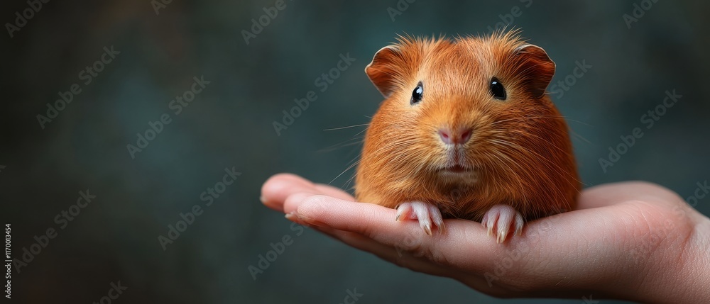 A cute, orange guinea pig sits comfortably in a person's hand, showcasing its curious expression against a softly blurred background. A cute, orange guinea pig sits comfortably in a person's hand, showcasing its curious expression against a softly blurred background.