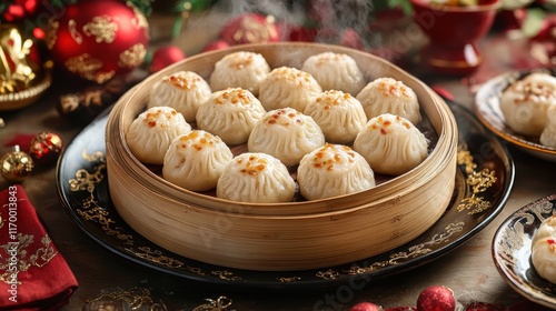 Celebrating Chinese New Year Steaming Bamboo Steamer Filled with Char Siu Buns Festive Kitchen Culinary Delight photo