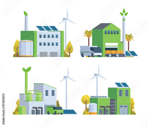 Sustainable Green Factory illustration. Vector bundle with Renewable Energy. Vector elements for city and industry illustration	
