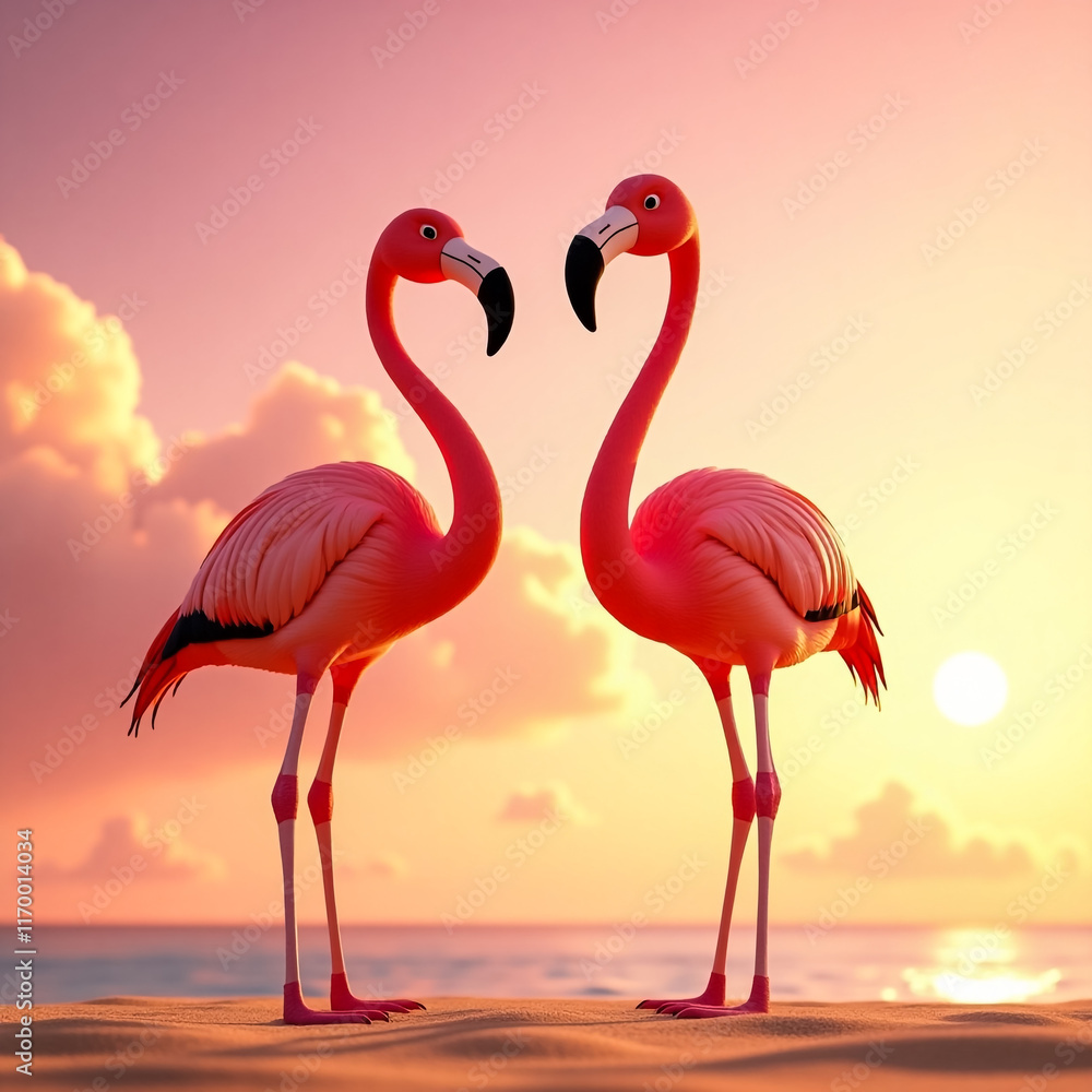 Fototapeta premium Two Pink Flamingos At Sunset