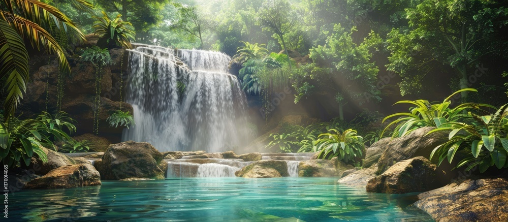 Fototapeta premium Tranquil Waterfall in a Lush Rainforest