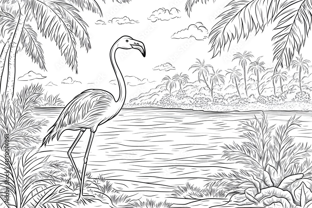 Fototapeta premium Flamingo by Tropical Beach Scene