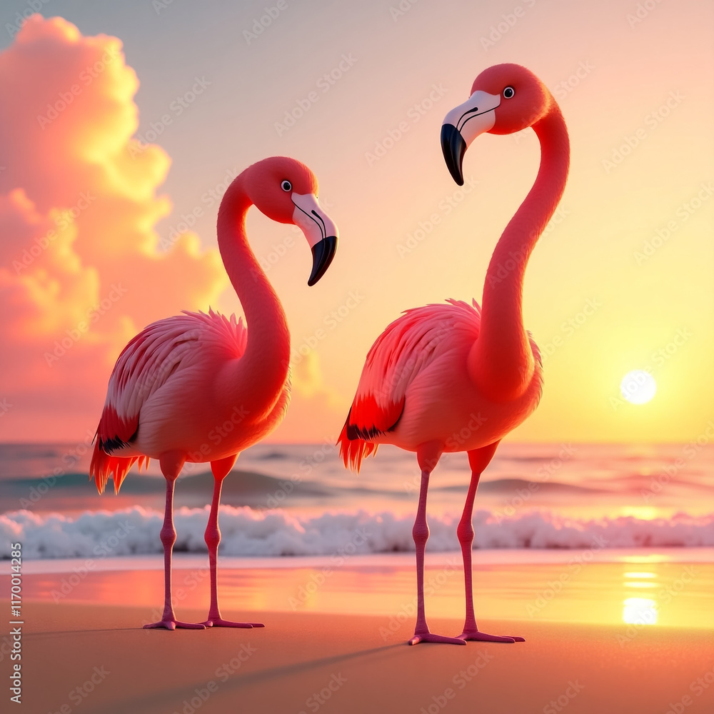Fototapeta premium Two Pink Flamingos At Sunset