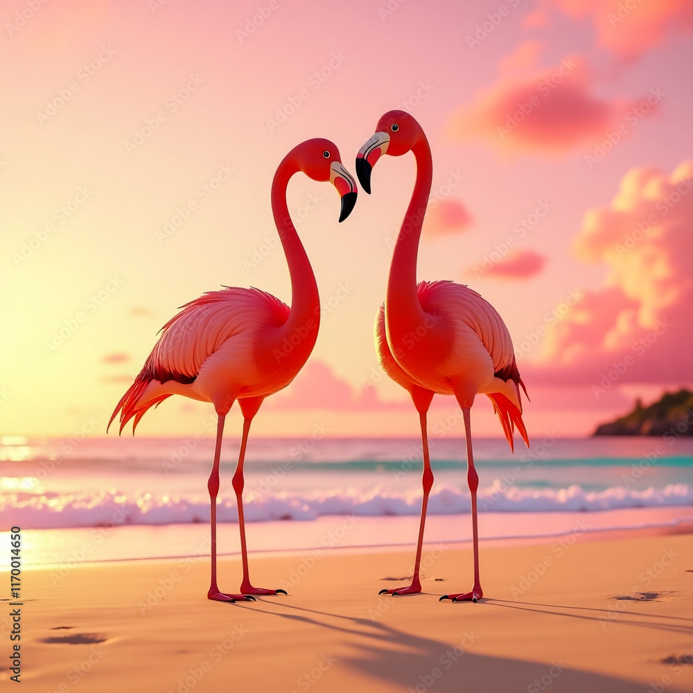 Fototapeta premium Two Pink Flamingos At Sunset
