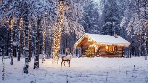 Wallpaper Mural A classic snowy forest with reindeer standing near a small, warmly lit cabin decorated with Christmas lights Torontodigital.ca