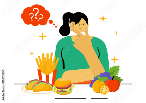 People Choosing Between Healthy and Unhealthy Food Vector Illustration Featuring a Comparison of Fast Food and Balanced Menus for a Healthy Lifestyle