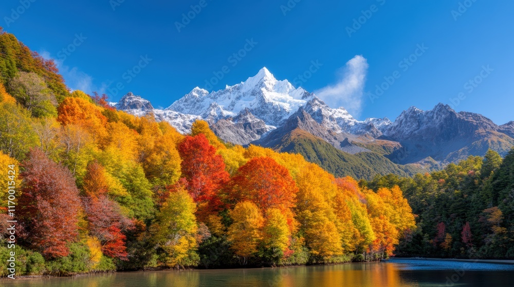 custom made wallpaper toronto digitalBreathtaking autumn landscape with snow-capped mountains and colorful forest