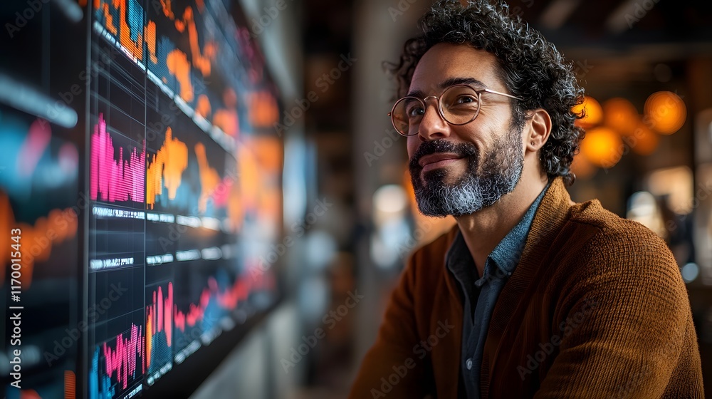 A portrait of a confident man reviewing data on a large screen. He is smiling, suggesting a positive outcome. Sales manager Conducting a training season project A portrait of a confident man reviewing data on a large screen. He is smiling, suggesting a positive outcome. Sales manager Conducting a training season project