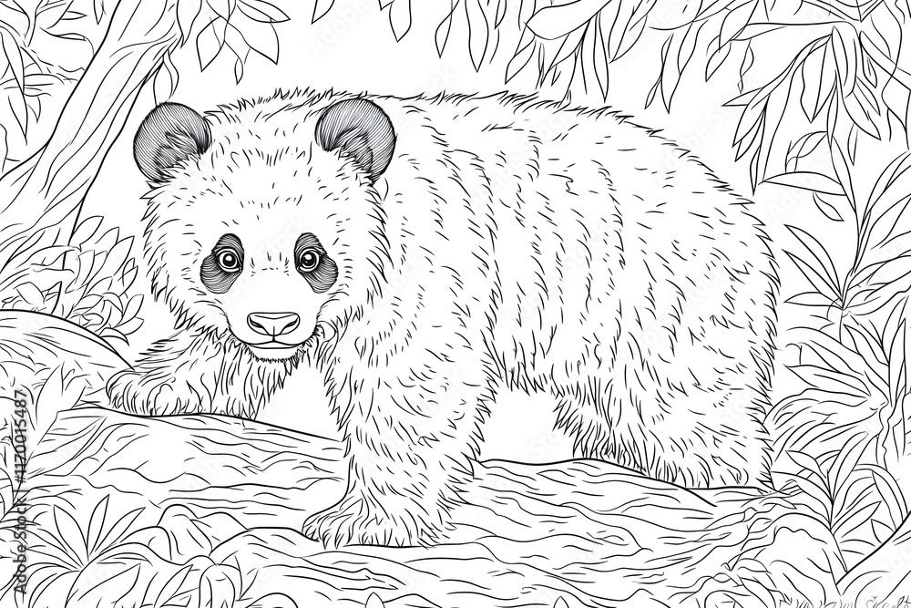 Fototapeta premium Panda Cub in Bamboo Forest Coloring Page