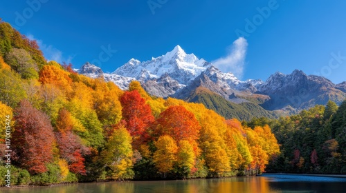 Wallpaper Mural Breathtaking autumn landscape with snow-capped mountains and colorful forest Torontodigital.ca
