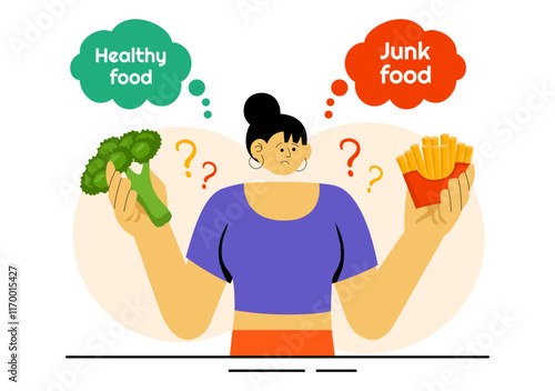 People Choosing Between Healthy and Unhealthy Food Vector Illustration Featuring a Comparison of Fast Food and Balanced Menus for a Healthy Lifestyle