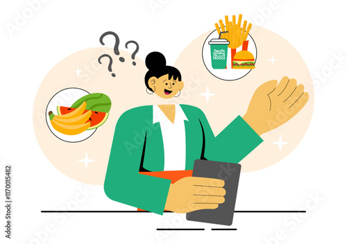 People Choosing Between Healthy and Unhealthy Food Vector Illustration Featuring a Comparison of Fast Food and Balanced Menus for a Healthy Lifestyle