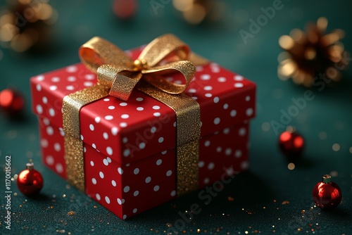 Close-up of a red gift box with white Christmas pattern and gold ribbon, a New Year's present on a green background, isolated 3D rendering. photo