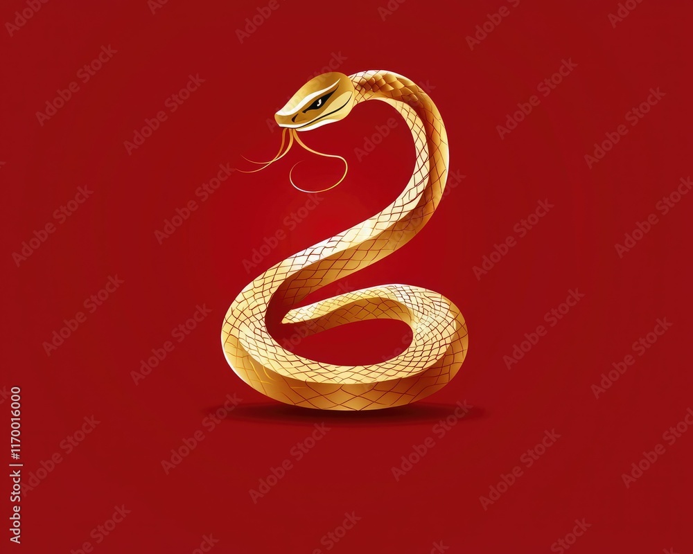 Fototapeta premium A golden snake coiled elegantly against a vibrant red background, symbolizing strength and transformation.