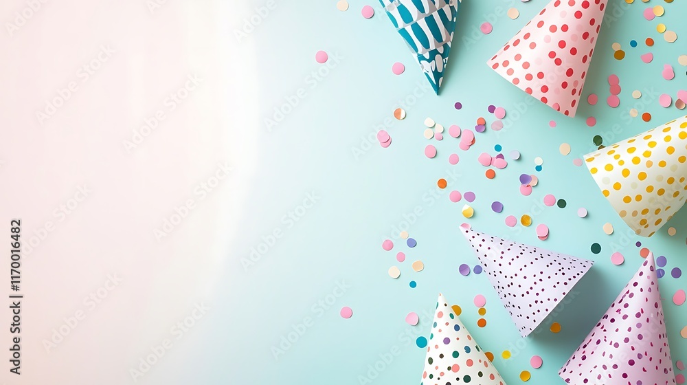 Obraz premium Colorful Party Hats and Confetti Scattered on a Blue Background