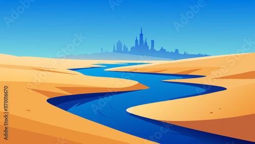 Desert Oasis with City Skyline Vector Illustration