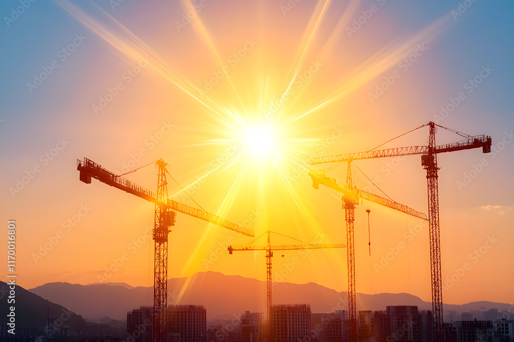 Construction cranes against vibrant sunset urban landscape photography city environment elevated view industrial development Construction cranes against vibrant sunset urban landscape photography city environment elevated view industrial development