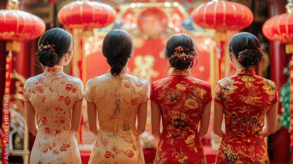 Obraz premium Beautiful women in silk cheongsams standing in front of a decorated stage with red and gold motifs at a Chinese New Year celebration
