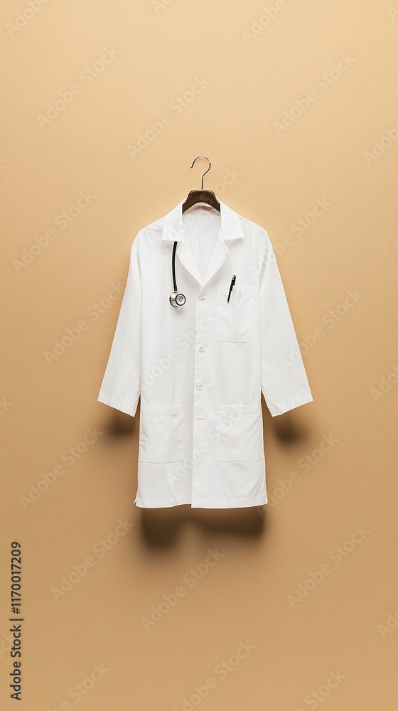 Doctor's coat with stethoscope and pen on hanger. Doctor's coat with stethoscope and pen on hanger.