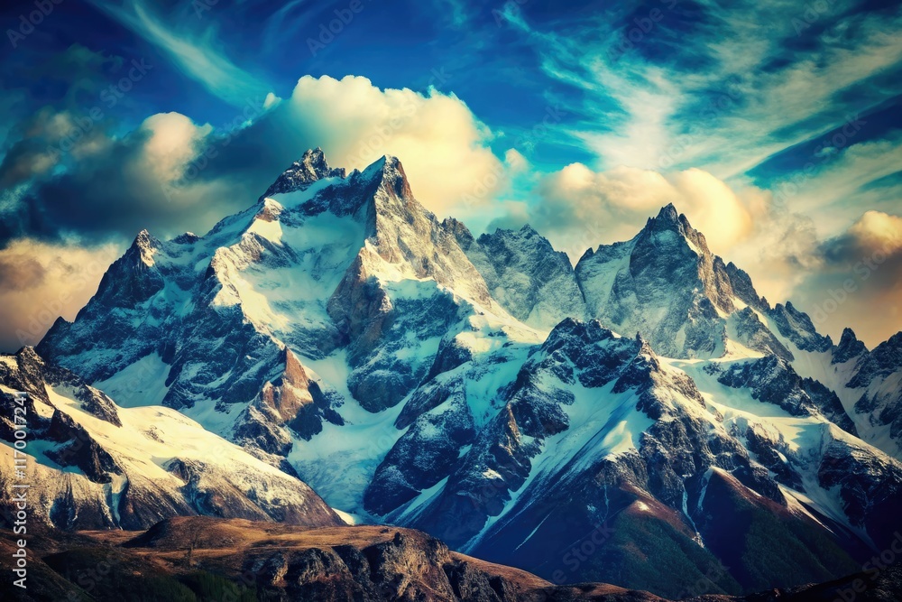 Obraz premium Crisp vintage photos capture snow-capped peaks, piercing blue skies, and breathtaking high-altitude landscapes.