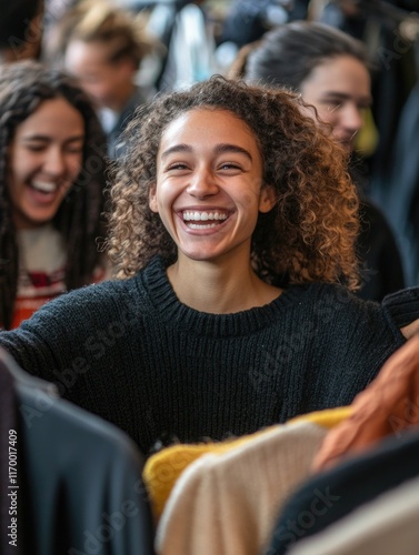 Laughing woman enjoying event with friends.