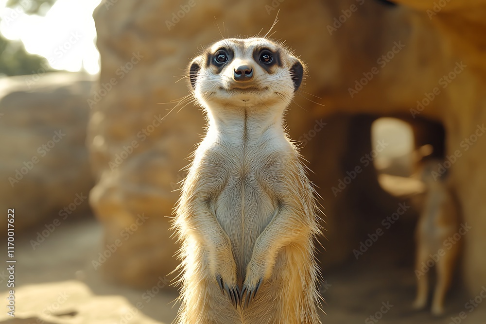 Fototapeta premium Cute meerkat standing upright, looking at camera.