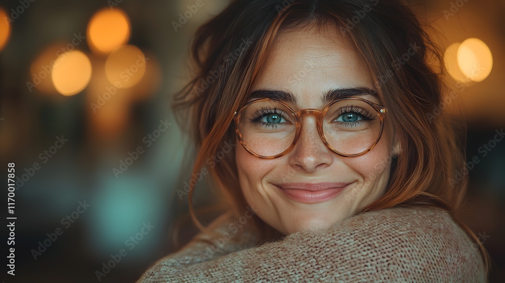 Close-up portrait of a smiling woman with glasses. She is wearing a sweater. Warm lighting and bokeh effect in the background. Special Education teacher celebrating the student graduation Close-up portrait of a smiling woman with glasses. She is wearing a sweater. Warm lighting and bokeh effect in the background. Special Education teacher celebrating the student graduation