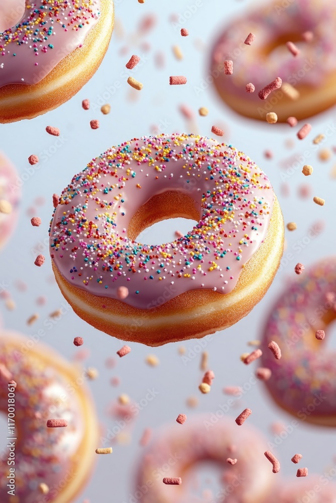 Sweet, colorful donuts with sprinkles scattered about. Sweet, colorful donuts with sprinkles scattered about.