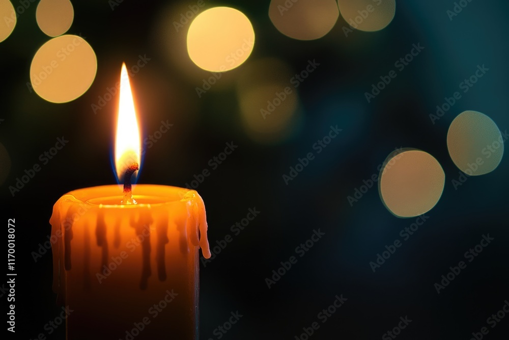 Yellow candle glowing, soft focus on lights Yellow candle glowing, soft focus on lights