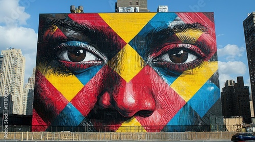 Vibrant mural depicting a woman's face, geometric patterns, urban backdrop.