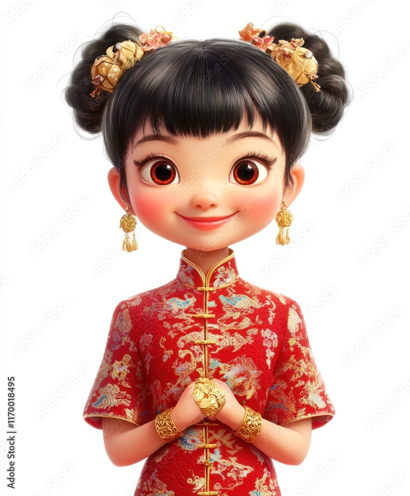 Cheerful Chinese girl with a round face, dressed in a red Cheongsam adorned with traditional gold patterns, wearing a gold necklace and rings, set against a clean white backdrop Cheerful Chinese girl with a round face, dressed in a red Cheongsam adorned with traditional gold patterns, wearing a gold necklace and rings, set against a clean white backdrop