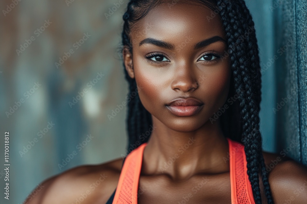 African-American athlete with muscular arms, showing fitness. Sitting against wall in gym attire. African-American athlete with muscular arms, showing fitness. Sitting against wall in gym attire.