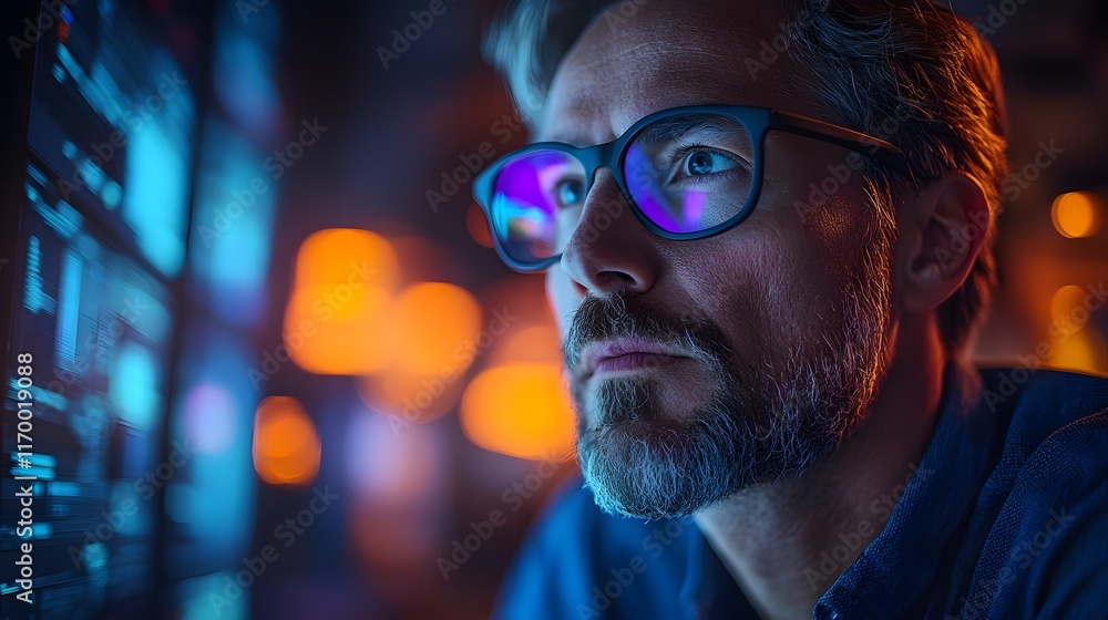 A focused man in glasses looks at a computer screen filled with code. He represents modern technology and innovation. Supply Chain manager Collaboration A focused man in glasses looks at a computer screen filled with code. He represents modern technology and innovation. Supply Chain manager Collaboration