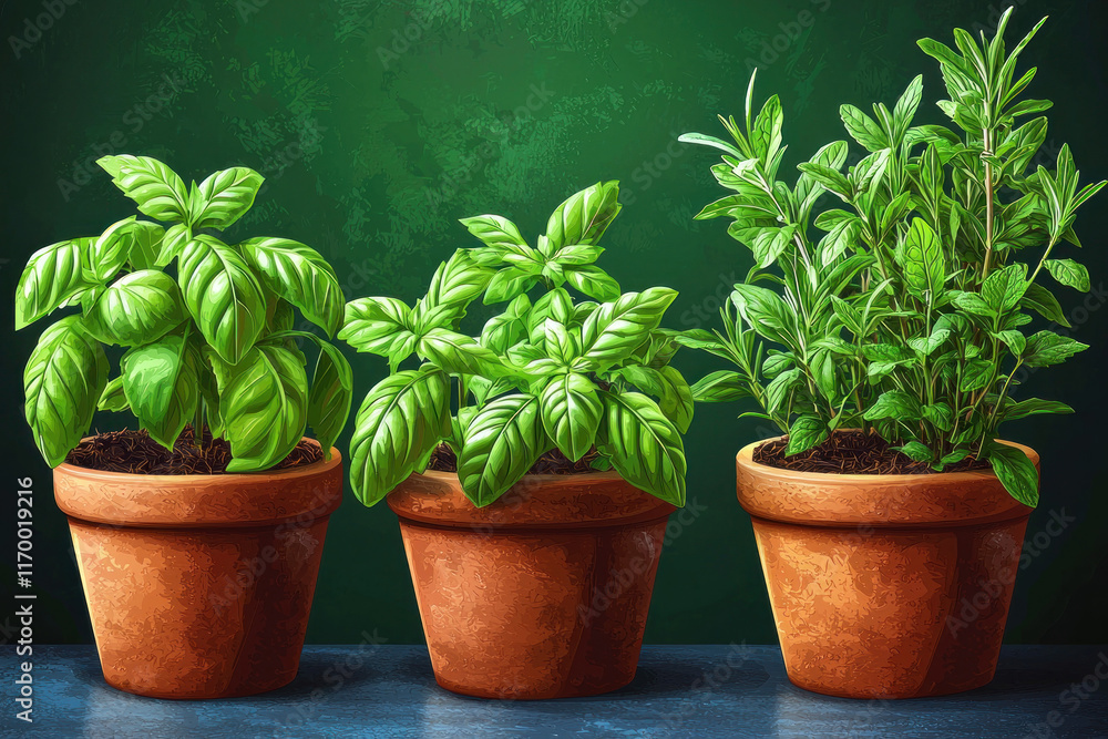 Obraz premium Three potted herbs, basil and rosemary, against a green backdrop.